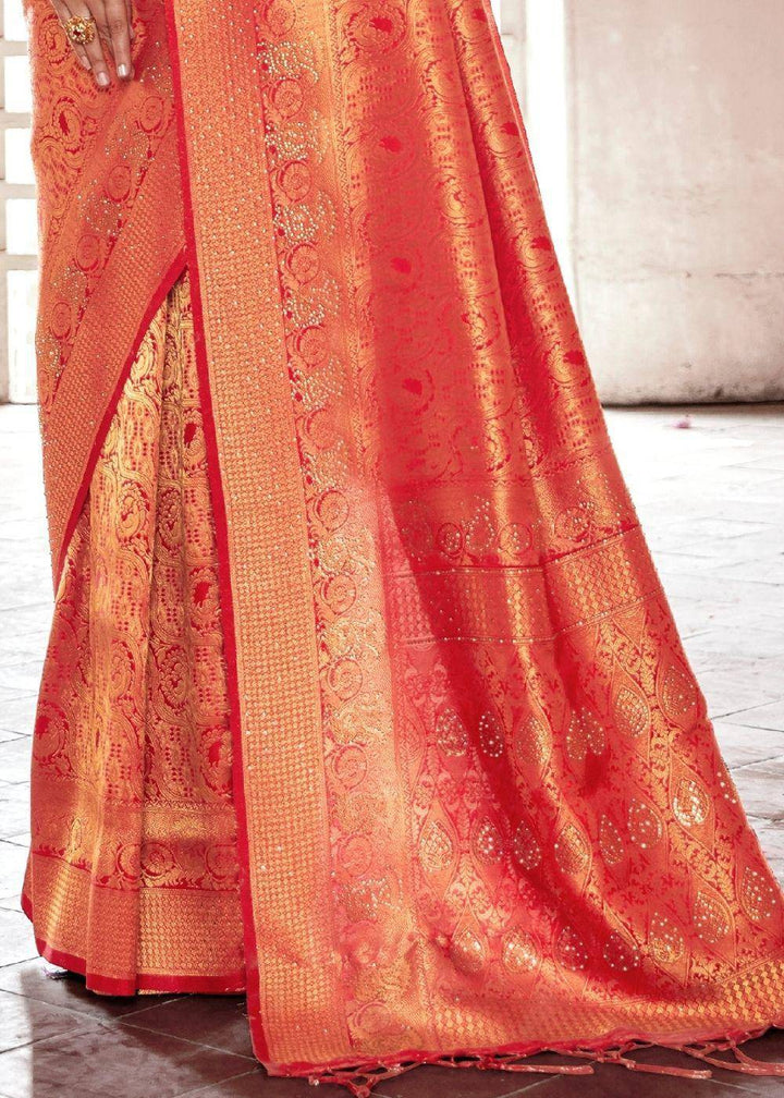 Ferrari Red Handloom Weave Kanjivaram Silk Saree with Swaroski work | Stitched Blouse - qivii