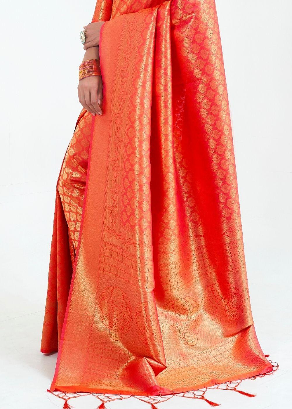 Ferrari Red Woven Kanjivaram Silk Saree : Limited Edition | Stitched Blouse - qivii