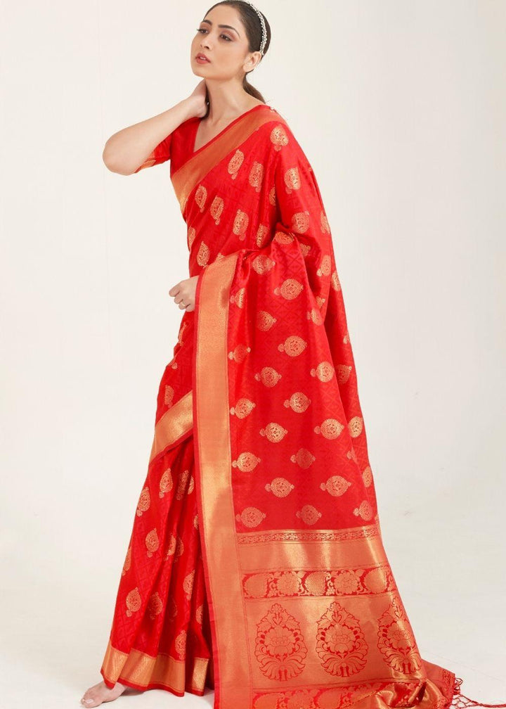 Ferrari Red Zari Butta Woven Banasari Silk Saree | Stitched Blouse - qivii