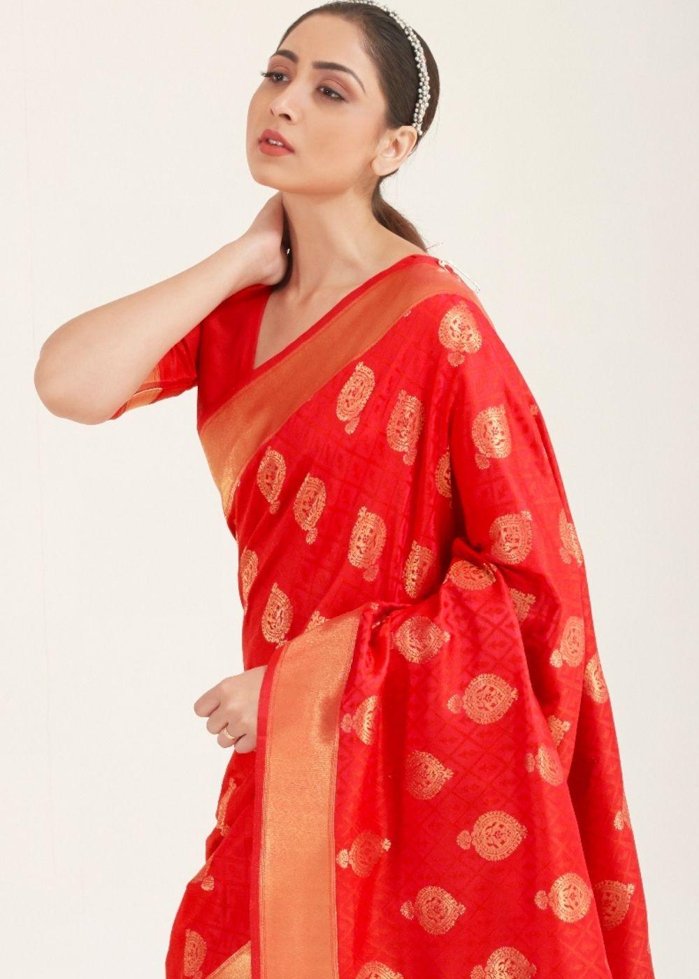 Ferrari Red Zari Butta Woven Banasari Silk Saree | Stitched Blouse - qivii