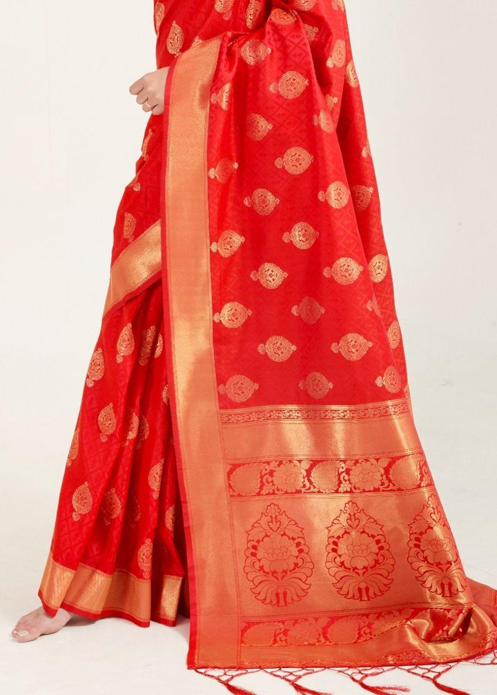 Ferrari Red Zari Butta Woven Banasari Silk Saree | Stitched Blouse - qivii