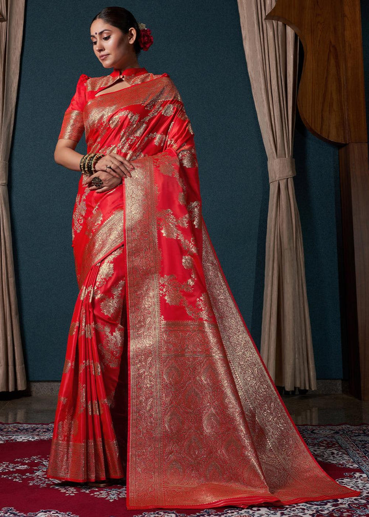 Ferrari Red Zari Woven Satin Silk Saree - qivii