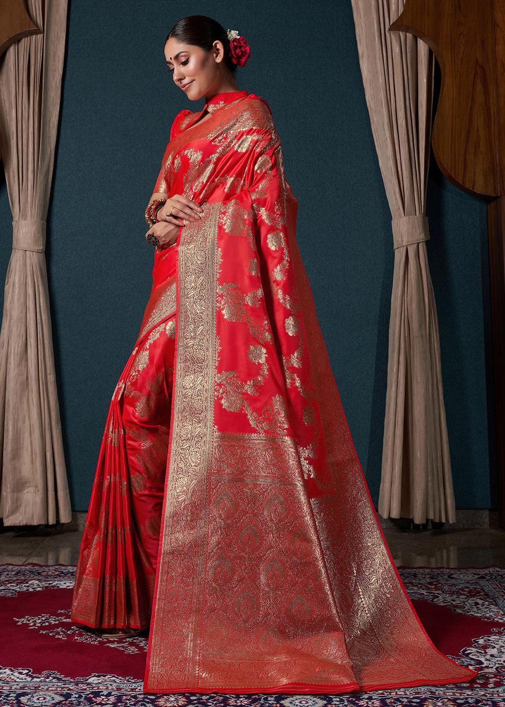 Ferrari Red Zari Woven Satin Silk Saree - qivii