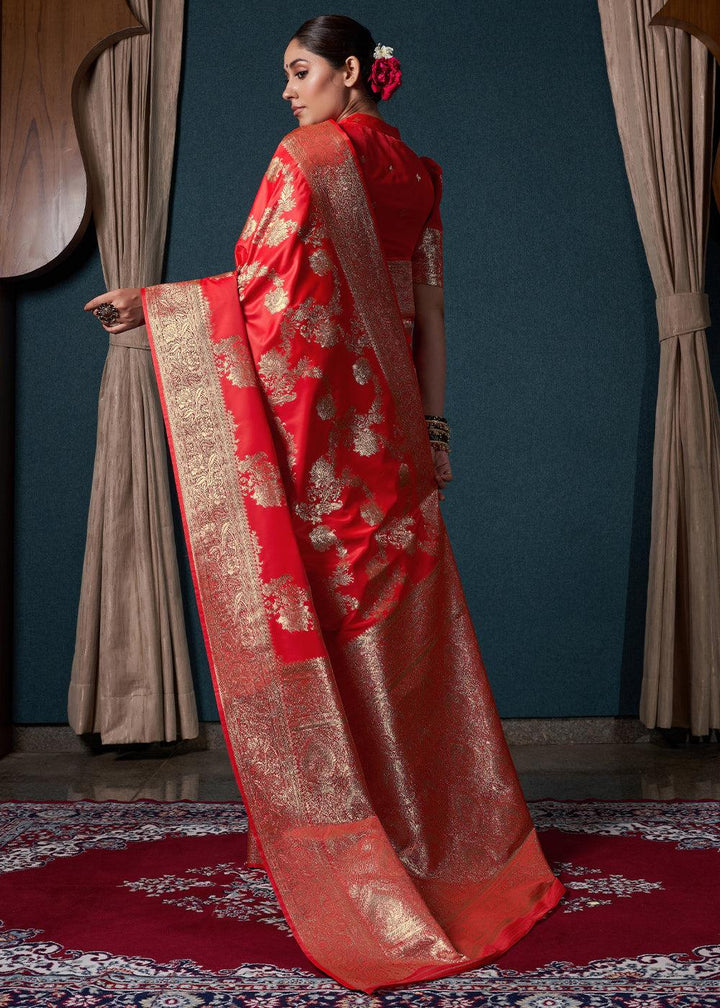 Ferrari Red Zari Woven Satin Silk Saree - qivii