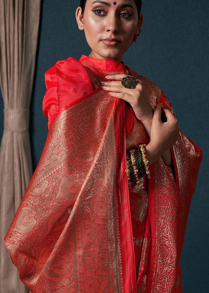 Ferrari Red Zari Woven Satin Silk Saree - qivii