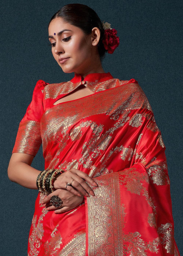 Ferrari Red Zari Woven Satin Silk Saree - qivii