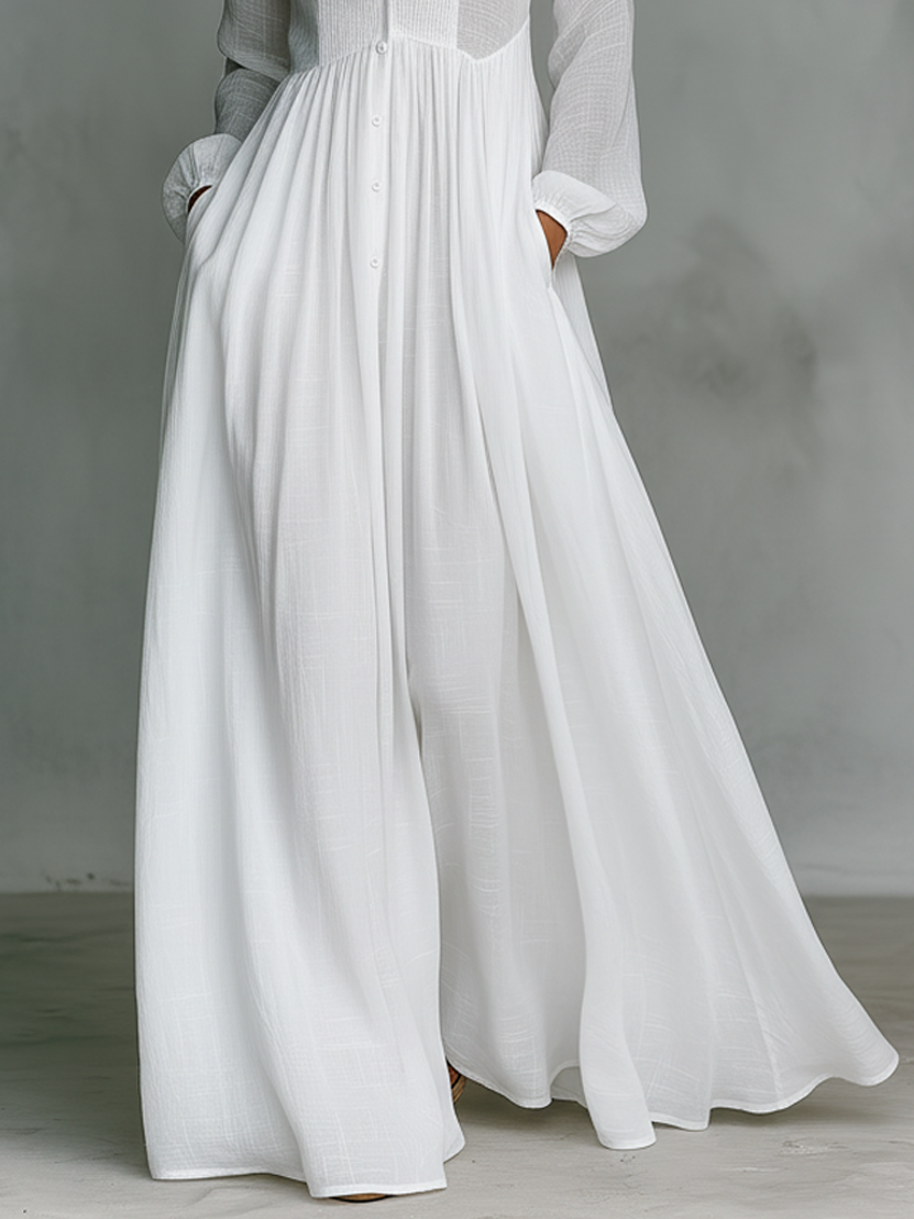 Women's Minimalist Tencel And Linen Patchwork Single-breasted Stand-up Collar Long-sleeved Maxi Dress MDA0658K6Y