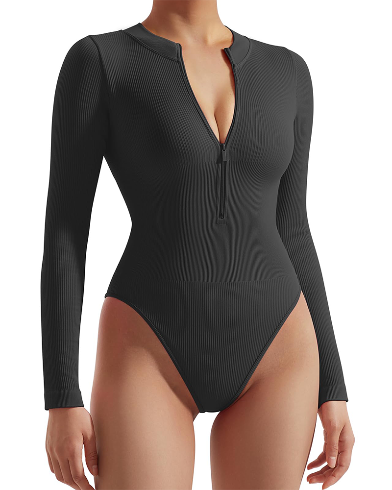 Zipper Front Long Sleeve Sexy Ribbed Triangle Bodysuit  - By Qivii