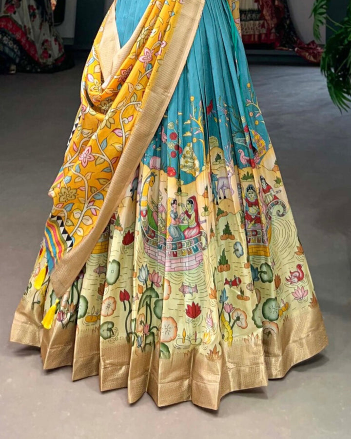 Dola Silk Kalamkari Print With Weaving Border Lehenga Choli In Teal Color