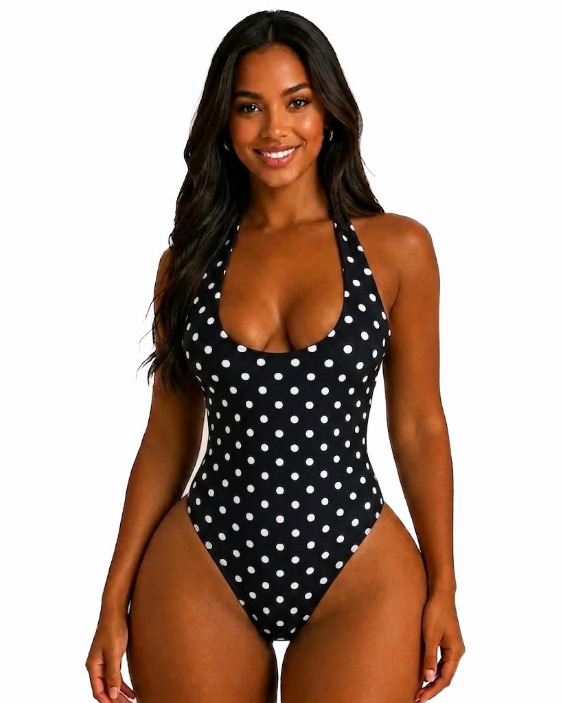 Polka Dot Halter Tie One Piece Swimsuit High Cut Hourglass Bodysuit