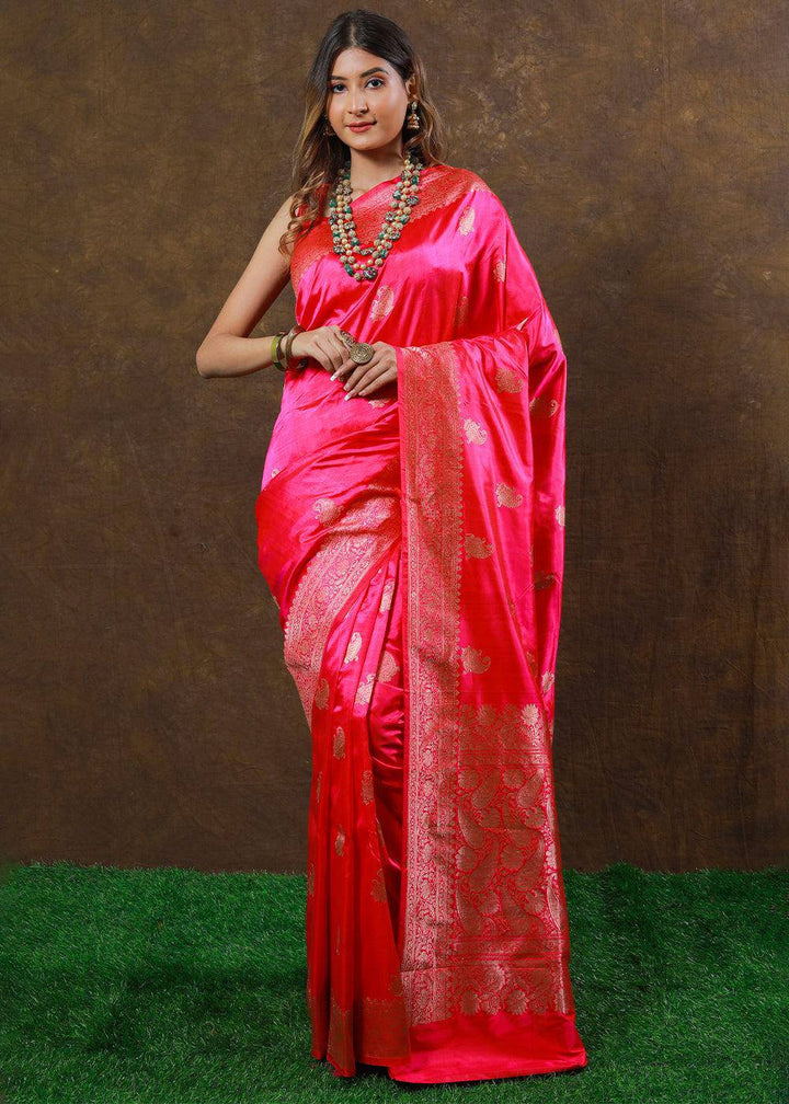 Fiery Rose Pink Hand Woven Pure Katan Silk Saree | Stitched Blouse - qivii