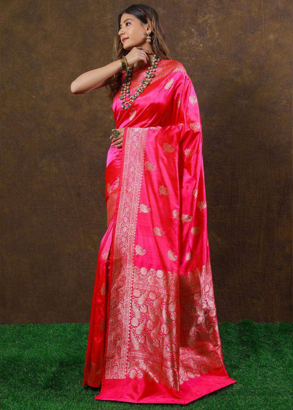 Fiery Rose Pink Hand Woven Pure Katan Silk Saree | Stitched Blouse - qivii