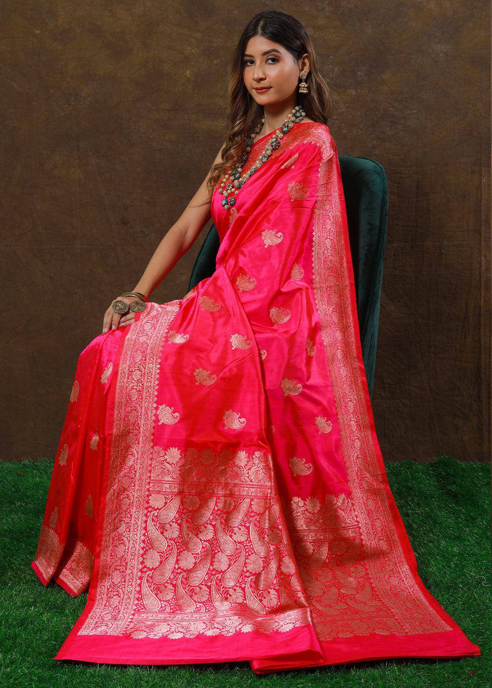 Fiery Rose Pink Hand Woven Pure Katan Silk Saree | Stitched Blouse - qivii