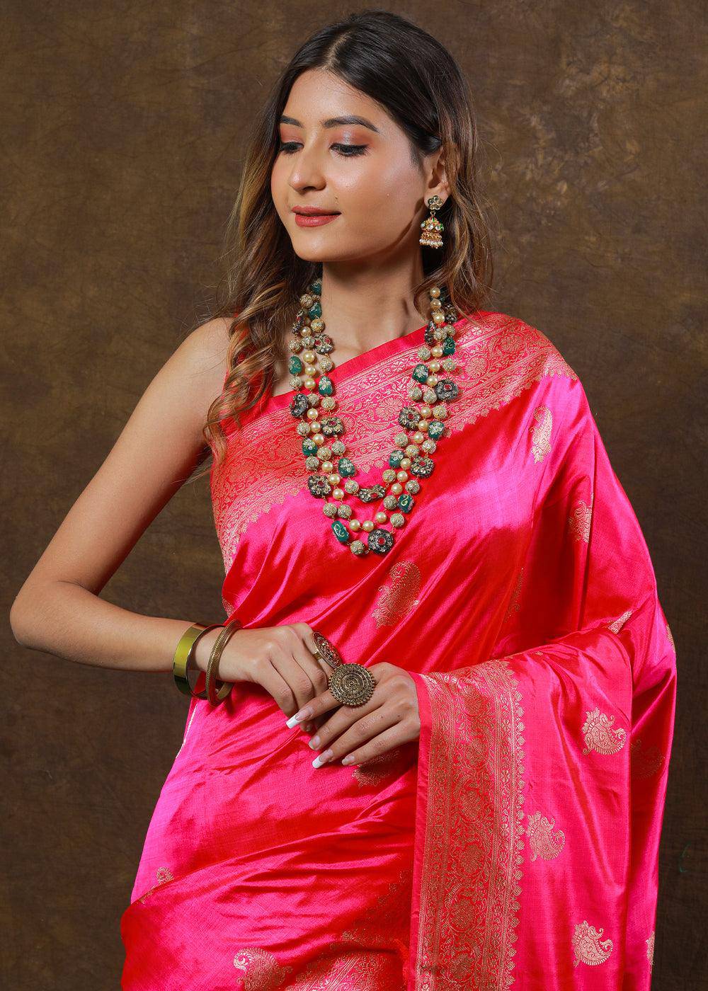 Fiery Rose Pink Hand Woven Pure Katan Silk Saree | Stitched Blouse - qivii