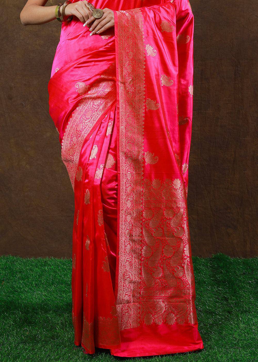 Fiery Rose Pink Hand Woven Pure Katan Silk Saree | Stitched Blouse - qivii