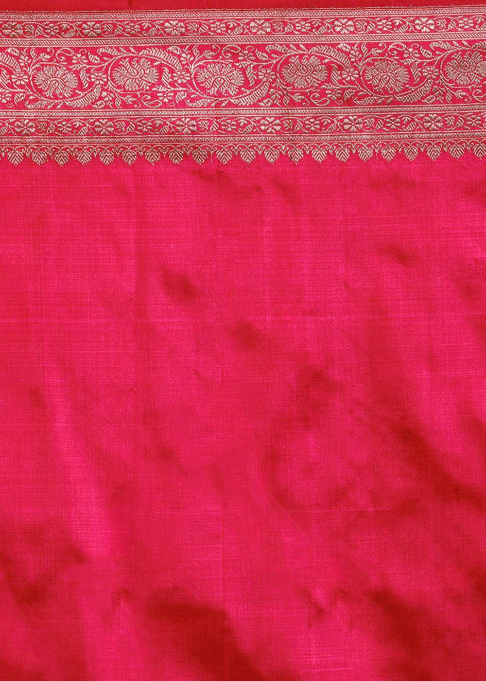 Fiery Rose Pink Hand Woven Pure Katan Silk Saree | Stitched Blouse - qivii