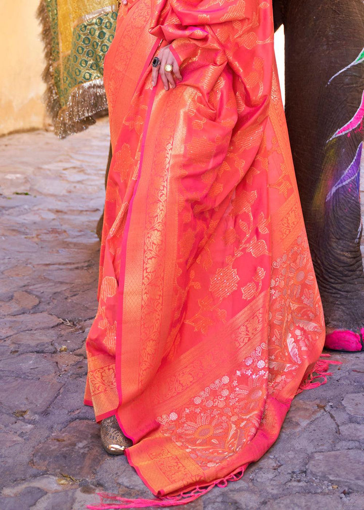 Fiery Rose Pink Handloom Weave Soft Banarasi Silk Saree | Stitched Blouse - qivii