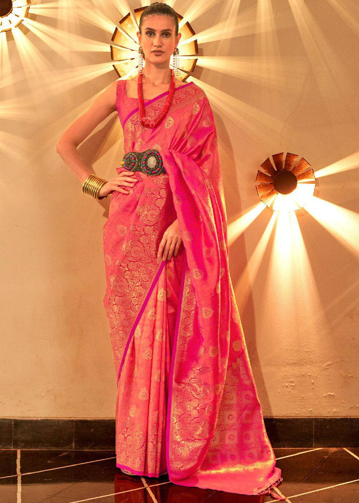 Fiery Rose Pink Handloom Woven Banarasi Silk Saree | Stitched Blouse - qivii