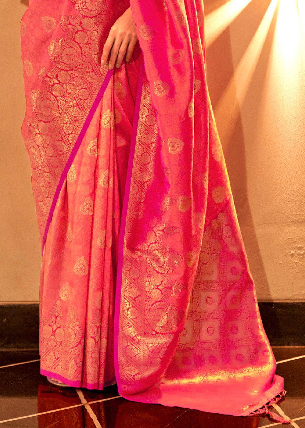 Fiery Rose Pink Handloom Woven Banarasi Silk Saree | Stitched Blouse - qivii