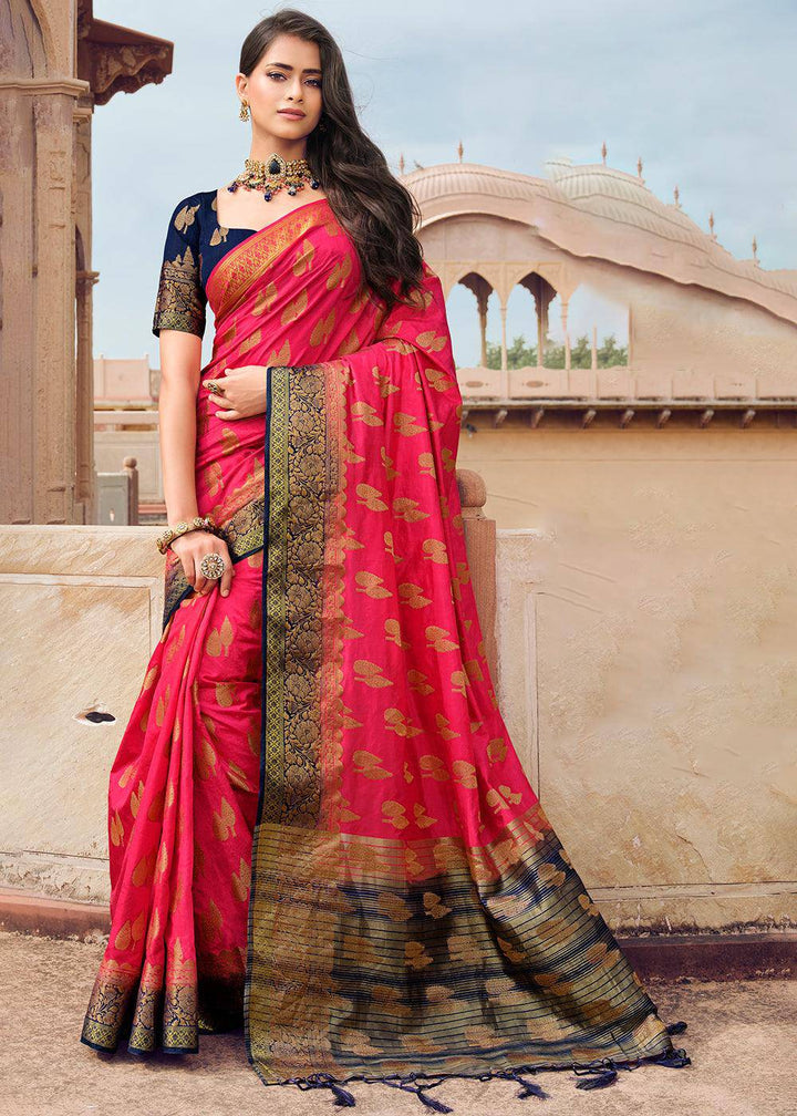 Fiery Rose Pink Zari Butta Woven Raw Banarasi Silk Saree | Stitched Blouse - qivii