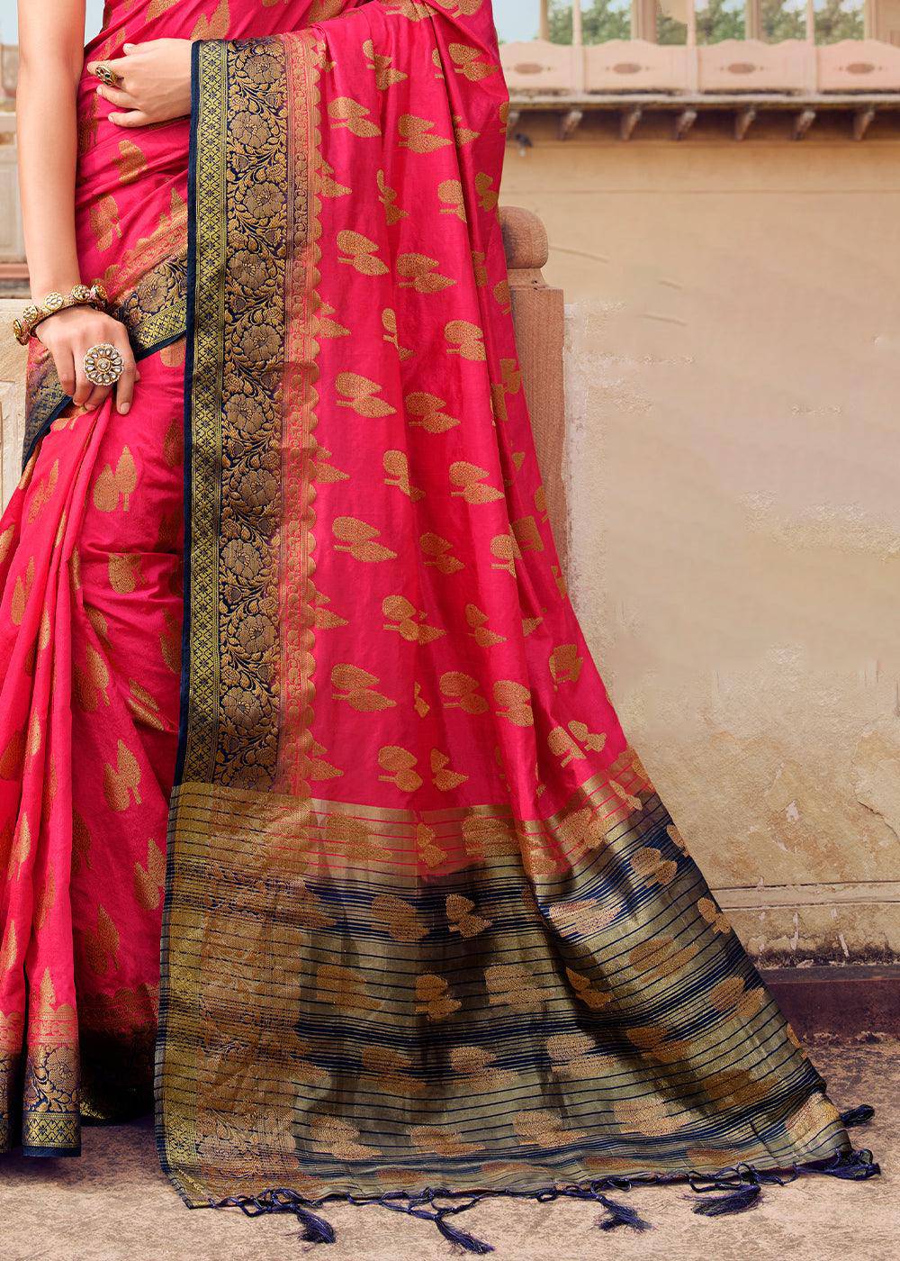 Fiery Rose Pink Zari Butta Woven Raw Banarasi Silk Saree | Stitched Blouse - qivii