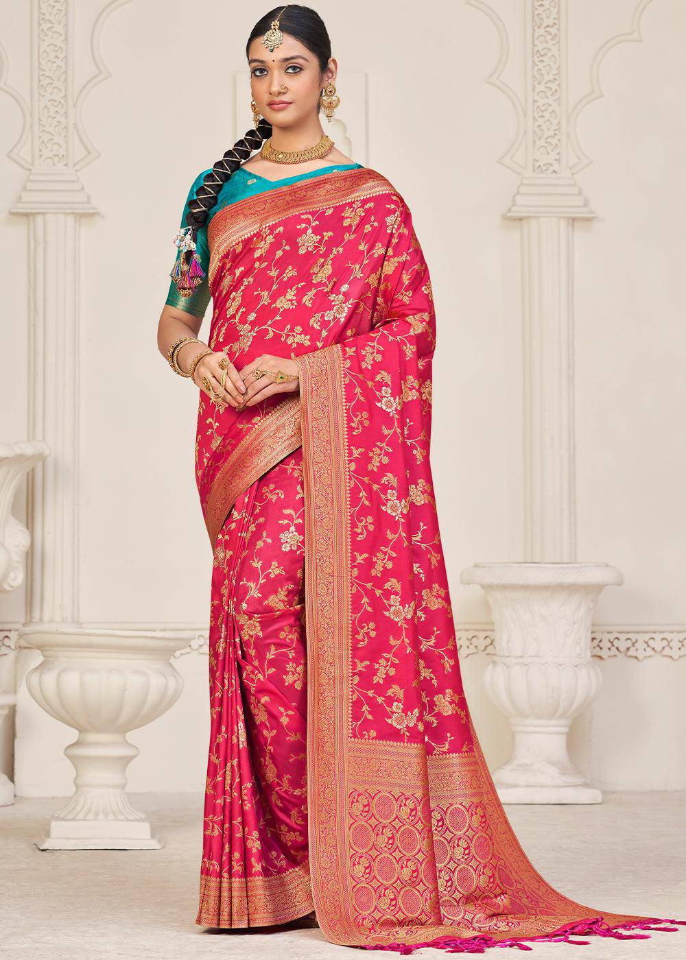 Fiery Rose Pink Zari Woven Dola Silk Saree | Stitched Blouse - qivii