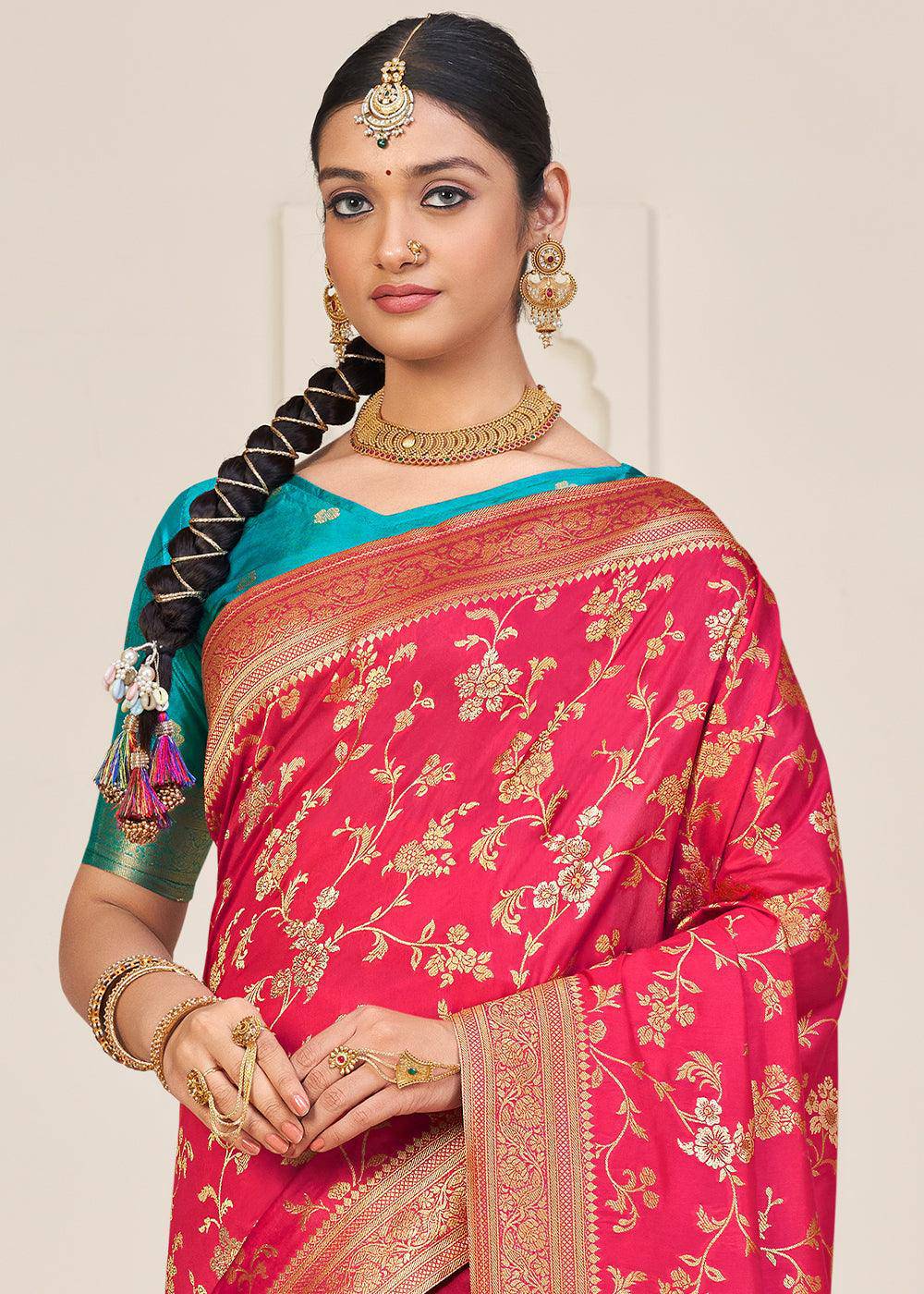 Fiery Rose Pink Zari Woven Dola Silk Saree | Stitched Blouse - qivii