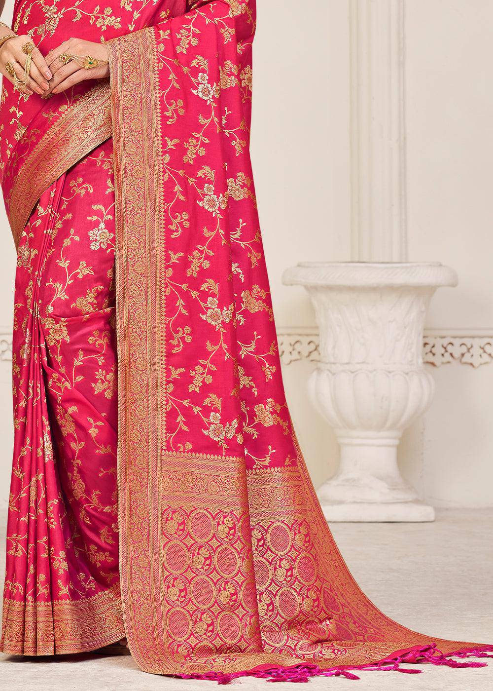 Fiery Rose Pink Zari Woven Dola Silk Saree | Stitched Blouse - qivii