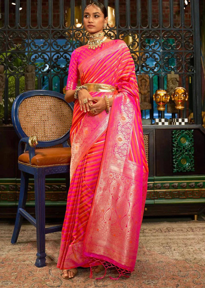 Fiery Rose Pink Zari Woven Satin Silk Saree | Stitched Blouse - qivii