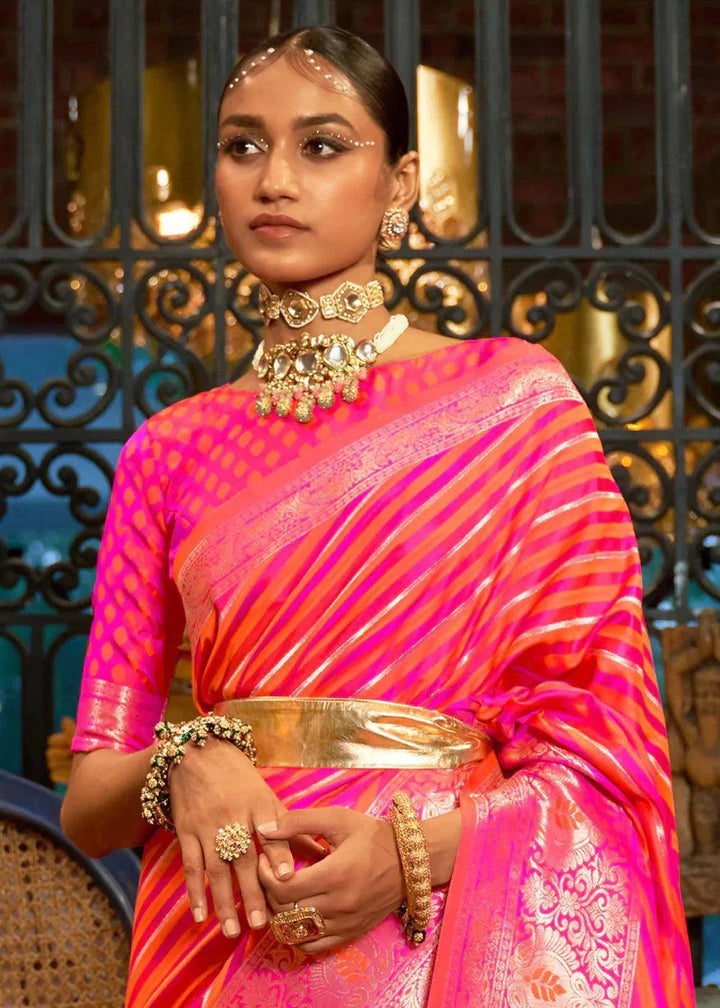 Fiery Rose Pink Zari Woven Satin Silk Saree | Stitched Blouse - qivii