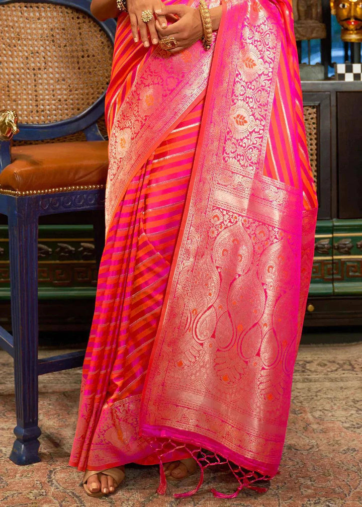 Fiery Rose Pink Zari Woven Satin Silk Saree | Stitched Blouse - qivii