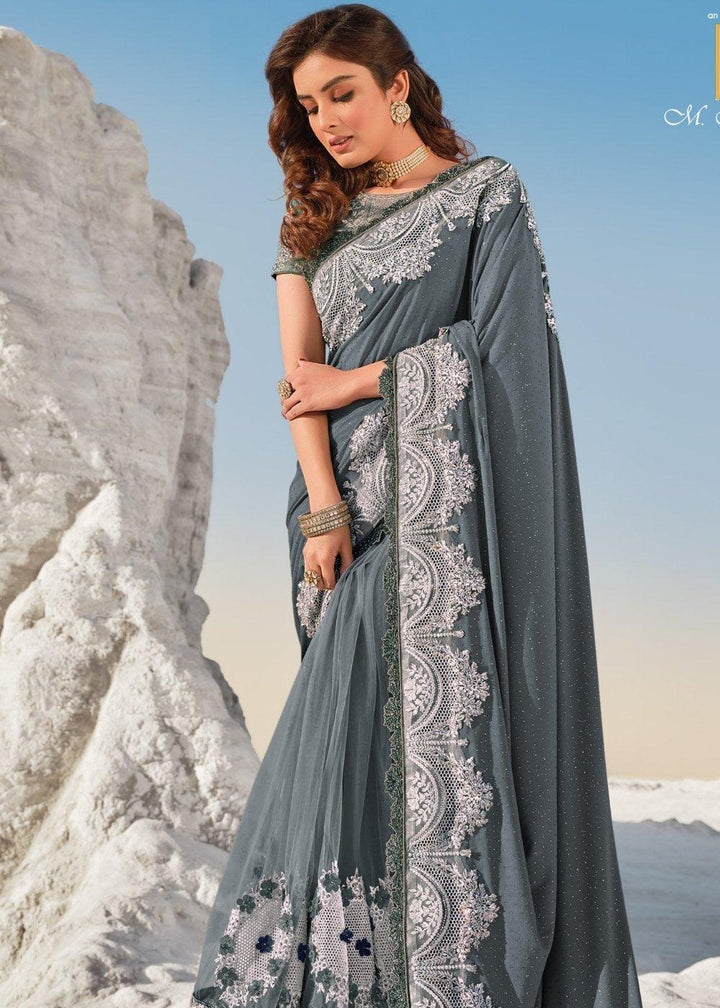 Fiord Grey Designer Net & Imported Fabric Saree with Hand-Made Flower, Jari & Diamond work" | Stitched Blouse - qivii