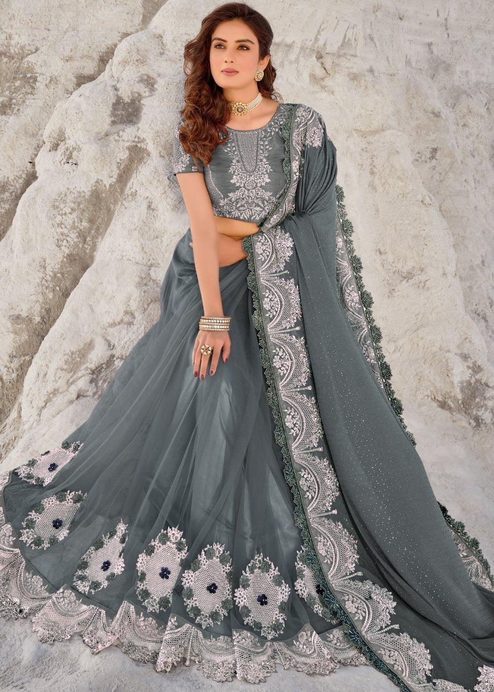 Fiord Grey Designer Net & Imported Fabric Saree with Hand-Made Flower, Jari & Diamond work" | Stitched Blouse - qivii