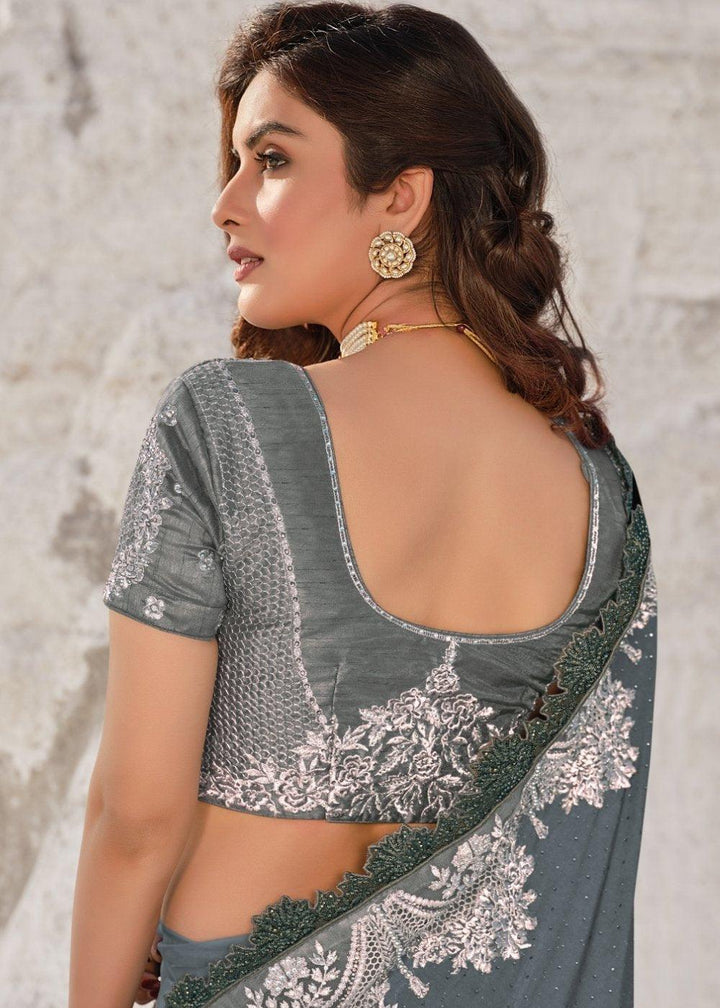 Fiord Grey Designer Net & Imported Fabric Saree with Hand-Made Flower, Jari & Diamond work" | Stitched Blouse - qivii