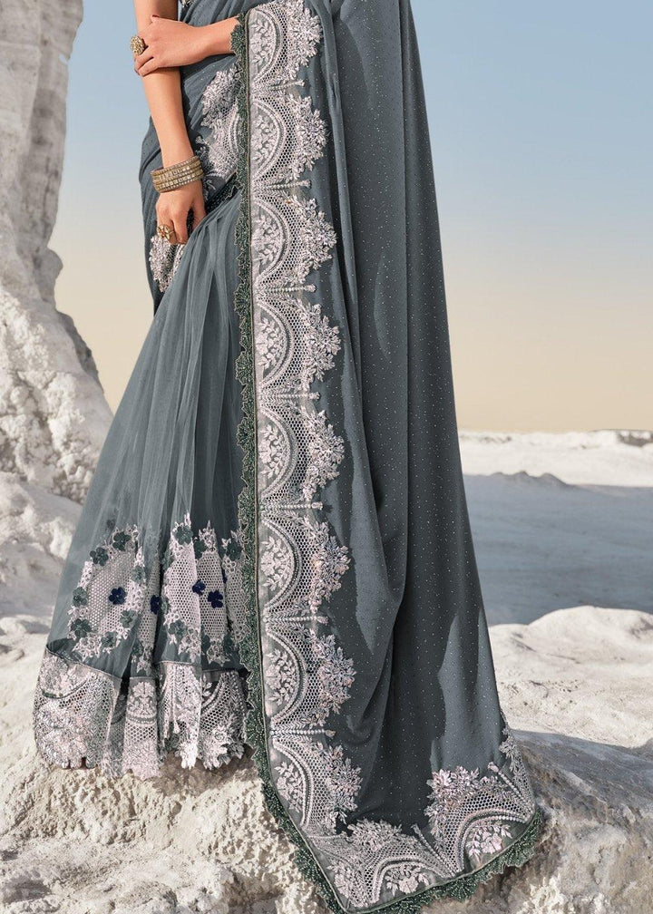 Fiord Grey Designer Net & Imported Fabric Saree with Hand-Made Flower, Jari & Diamond work" | Stitched Blouse - qivii