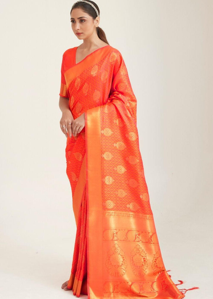 Fire Orange Zari Butta Woven Banasari Silk Saree | Stitched Blouse - qivii