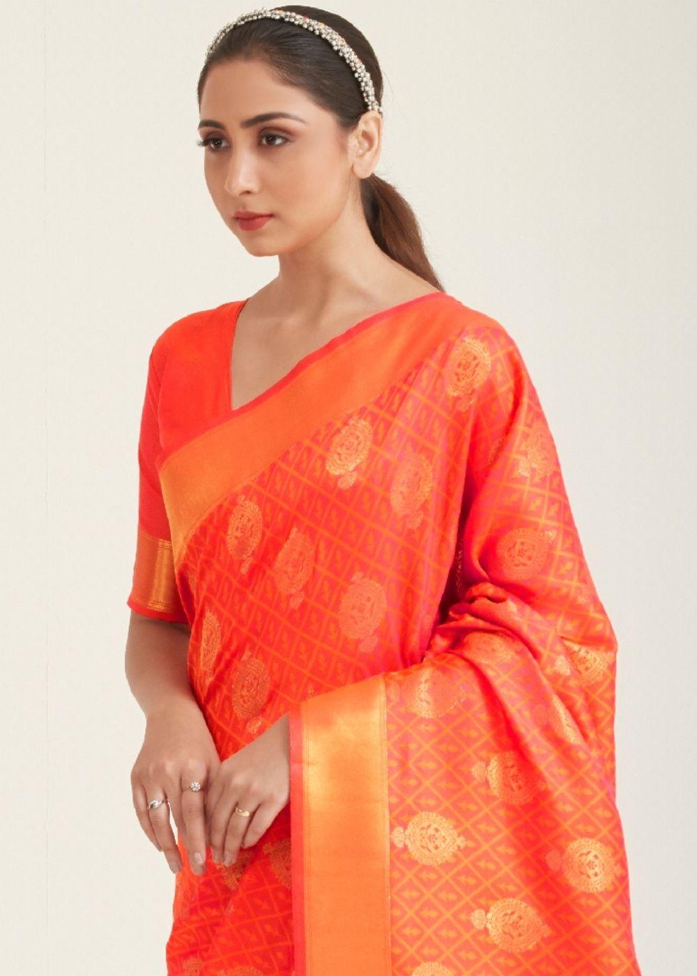 Fire Orange Zari Butta Woven Banasari Silk Saree | Stitched Blouse - qivii