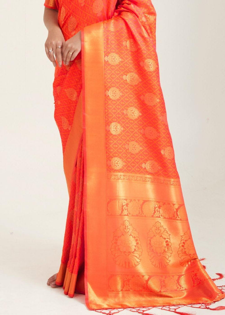 Fire Orange Zari Butta Woven Banasari Silk Saree | Stitched Blouse - qivii