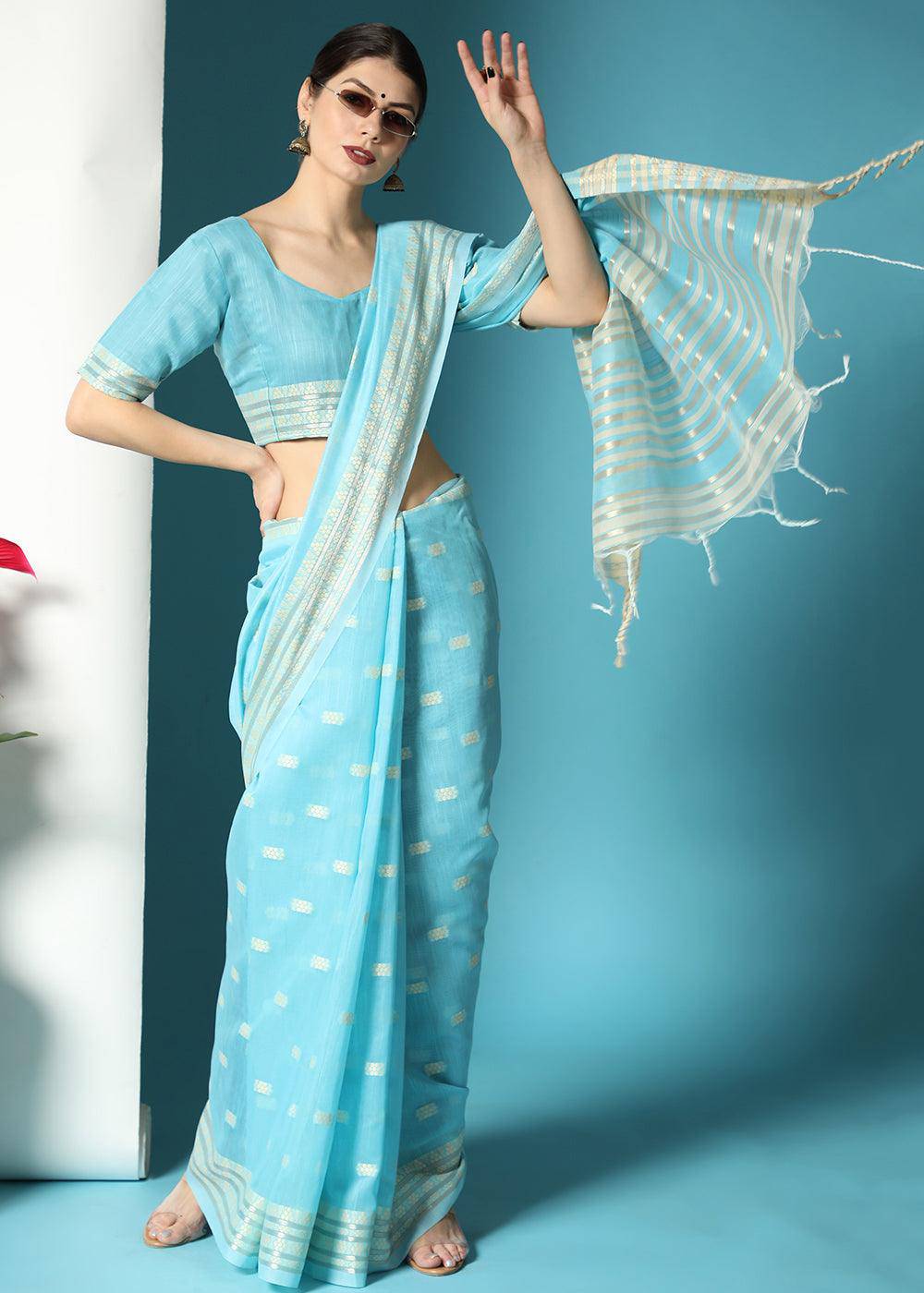 Firozi Blue Chikankari Weaving Cotton Saree | Stitched Blouse - qivii