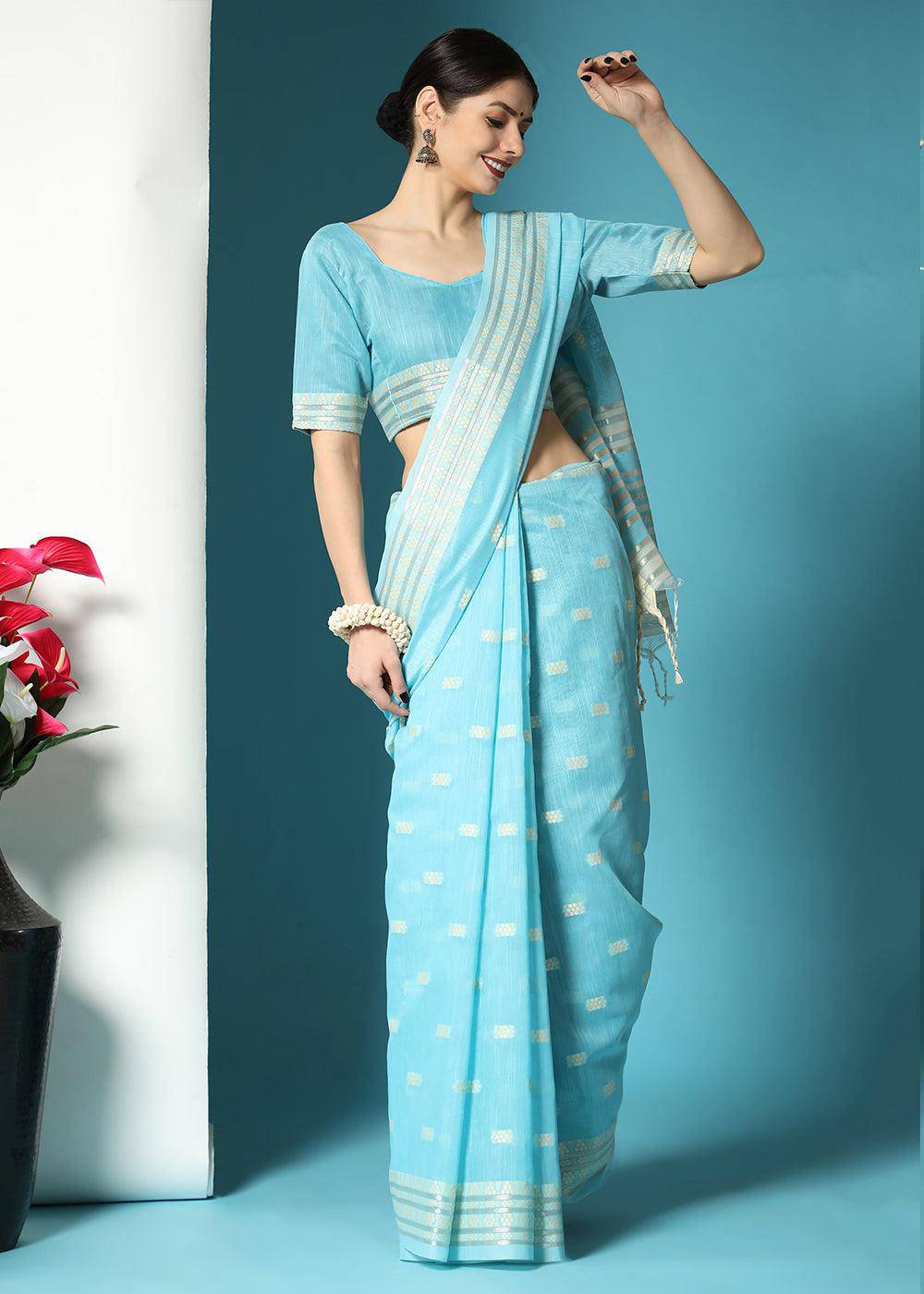 Firozi Blue Chikankari Weaving Cotton Saree | Stitched Blouse - qivii