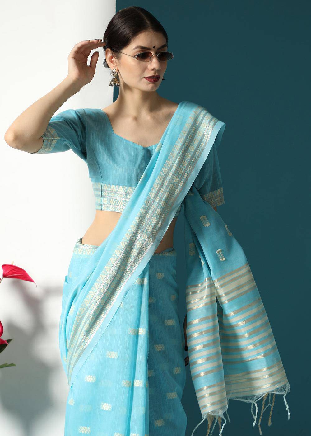 Firozi Blue Chikankari Weaving Cotton Saree | Stitched Blouse - qivii