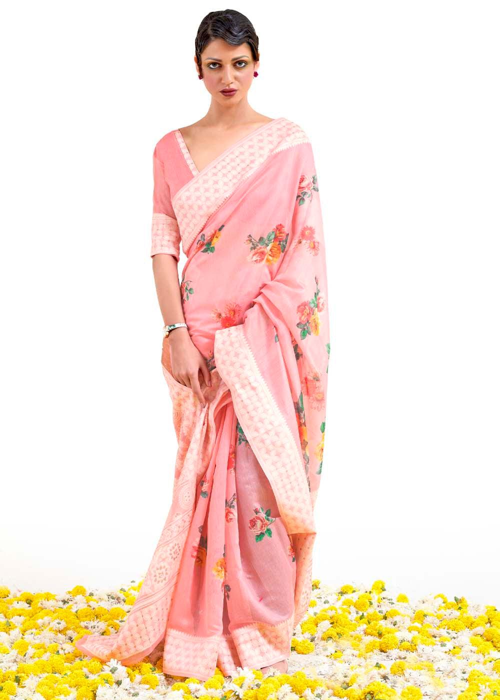 Flamingo Pink Chikankari Silk Saree with Floral Digital Print | Stitched Blouse - qivii