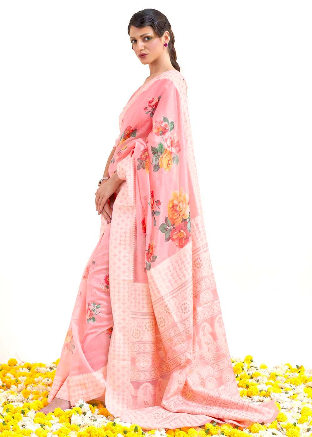 Flamingo Pink Chikankari Silk Saree with Floral Digital Print | Stitched Blouse - qivii