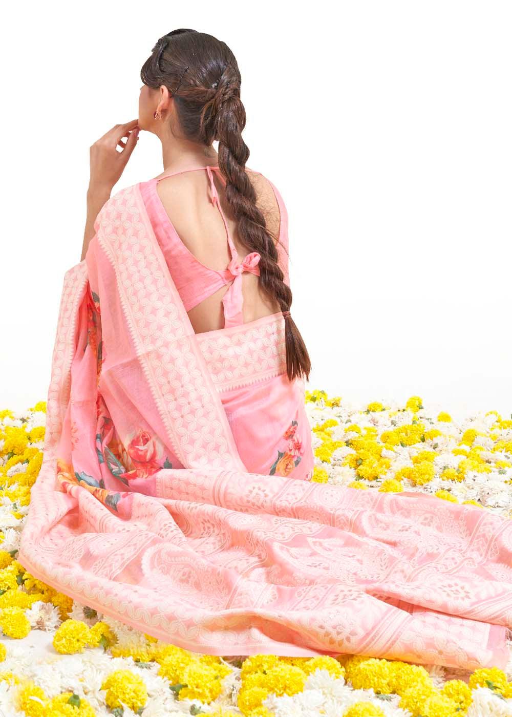 Flamingo Pink Chikankari Silk Saree with Floral Digital Print | Stitched Blouse - qivii