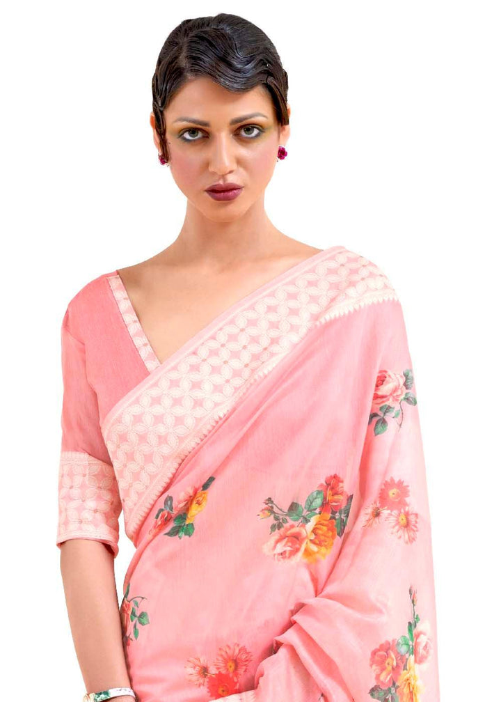 Flamingo Pink Chikankari Silk Saree with Floral Digital Print | Stitched Blouse - qivii