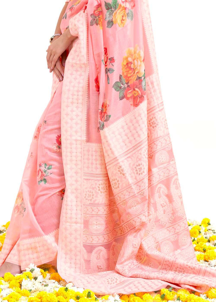 Flamingo Pink Chikankari Silk Saree with Floral Digital Print | Stitched Blouse - qivii