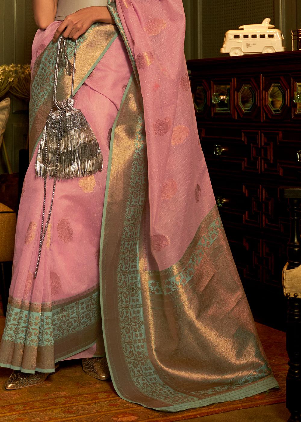 Flamingo Pink Copper Zari Woven Linen Silk Saree | Stitched Blouse - qivii