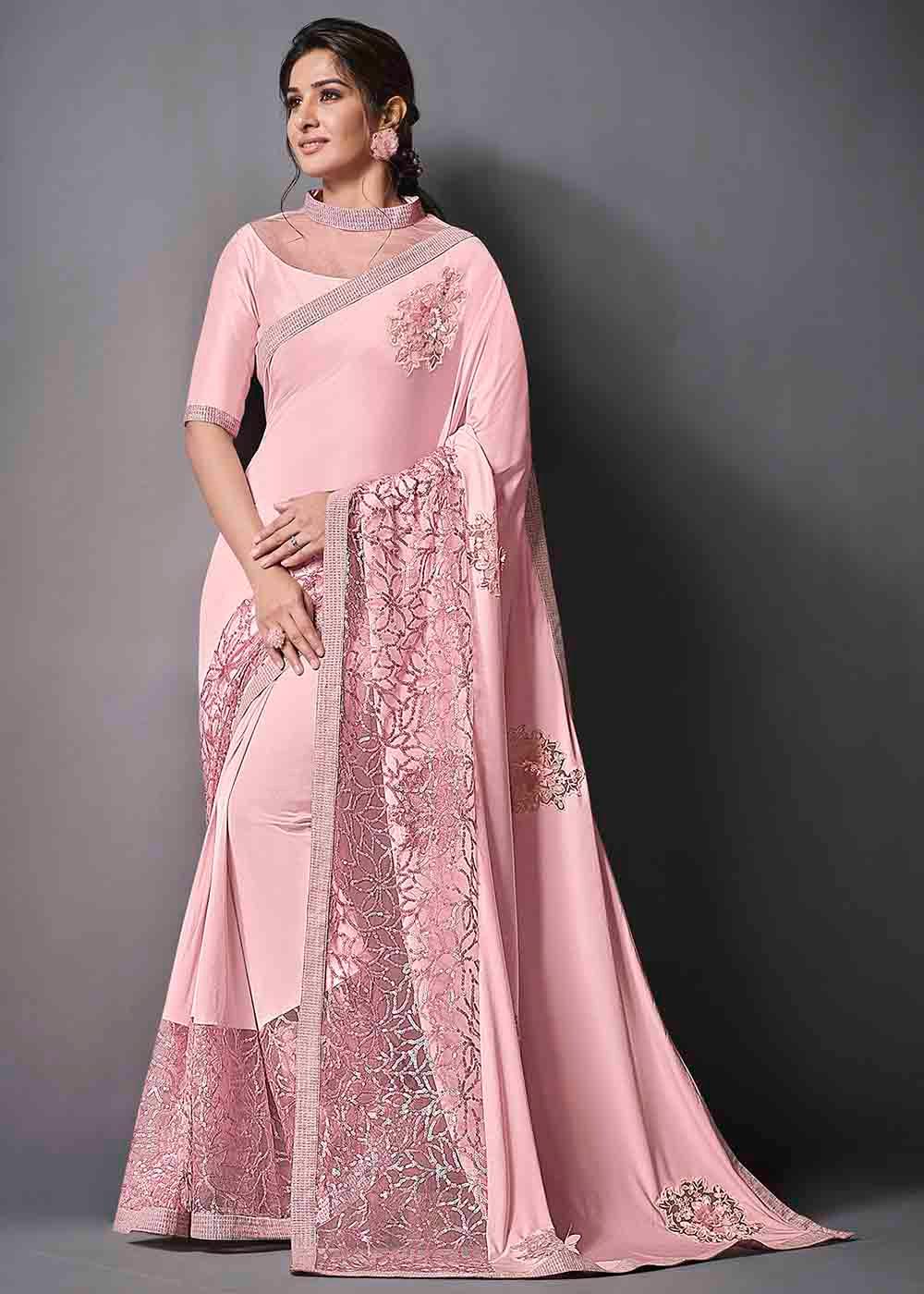 Flamingo Pink Designer Lycra Saree with Sequins Embroidery & Applique work | Stitched Blouse - qivii