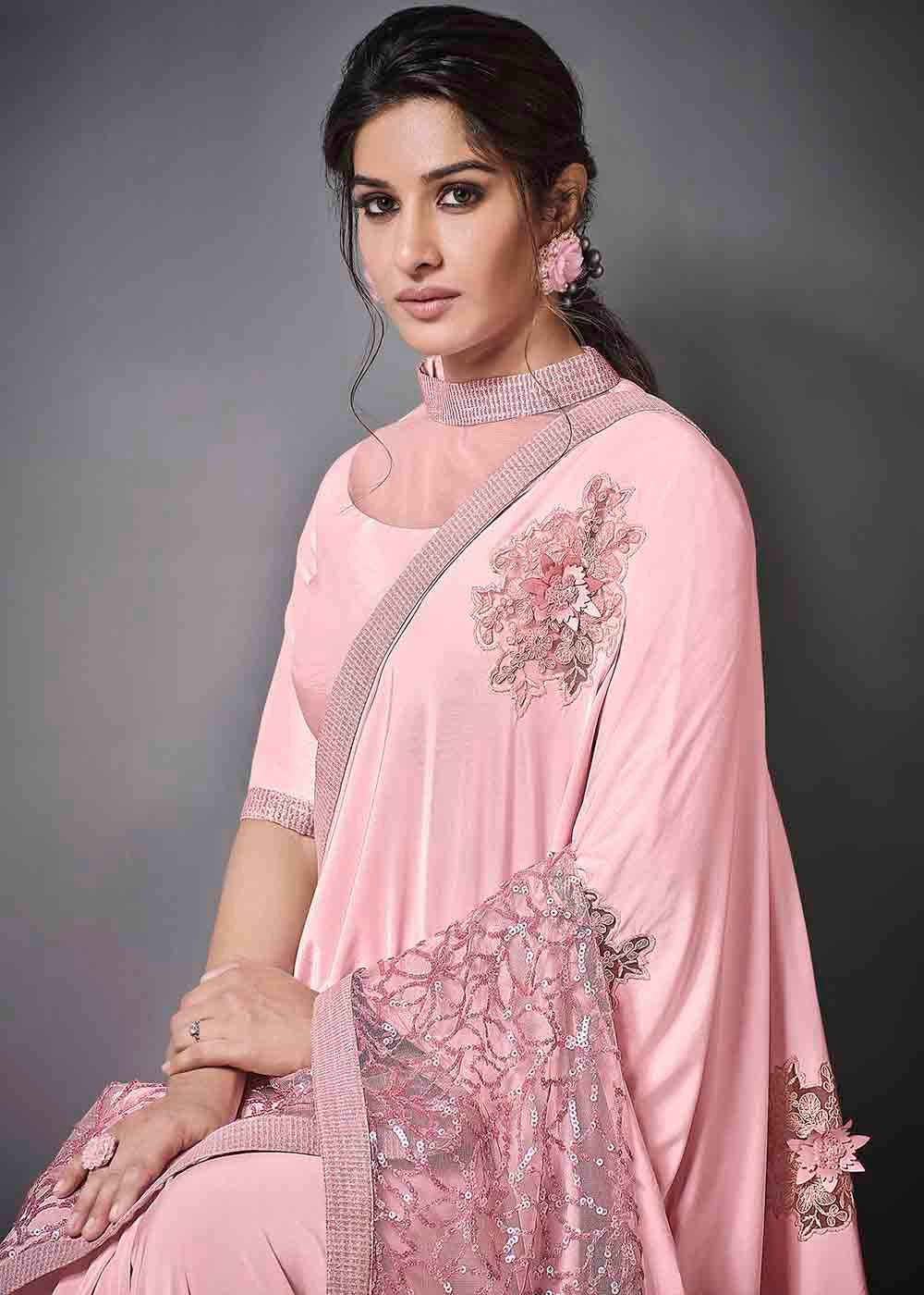 Flamingo Pink Designer Lycra Saree with Sequins Embroidery & Applique work | Stitched Blouse - qivii