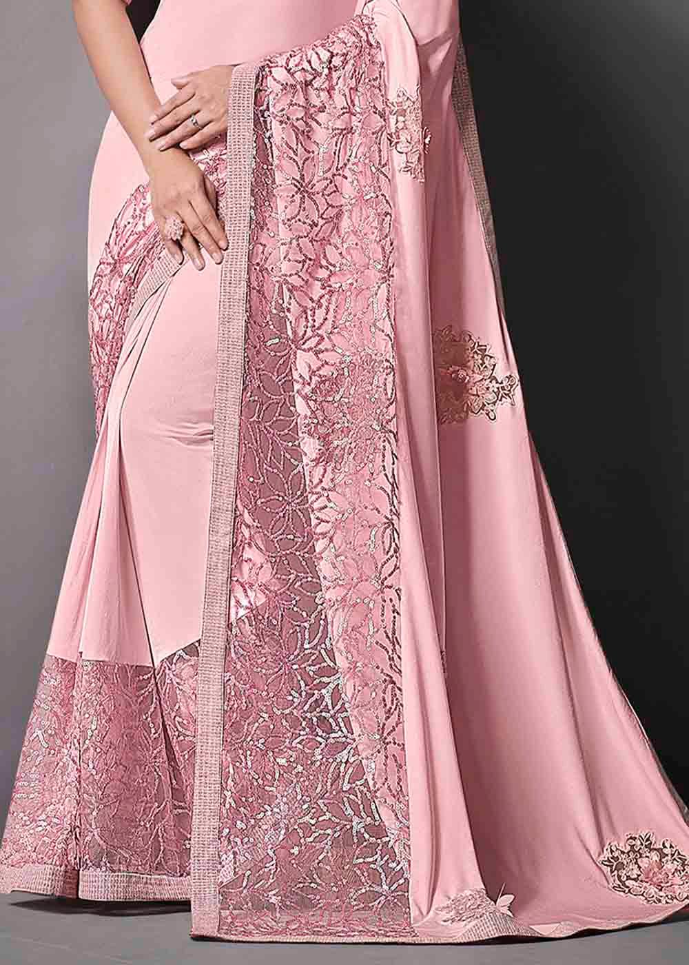 Flamingo Pink Designer Lycra Saree with Sequins Embroidery & Applique work | Stitched Blouse - qivii